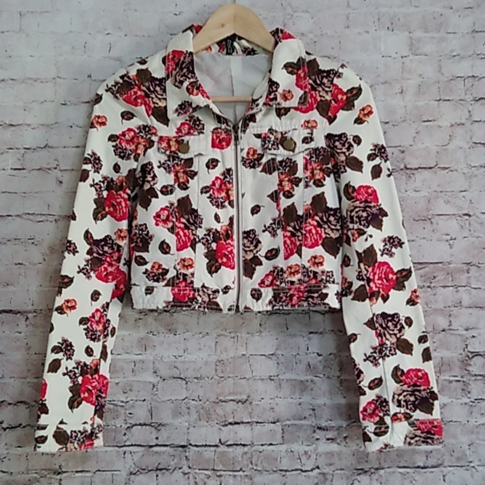 H&M Ivory Floral Cropped Denim Jacket Size 2